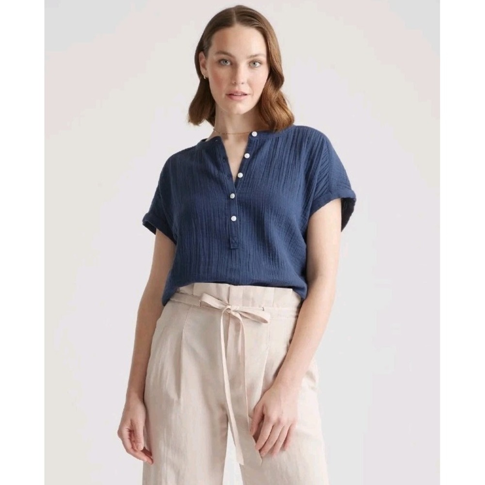 Quince 100% Organic Cotton Gauze Roll Sleeve Shirt Top Blouse Indigo Blue Size S